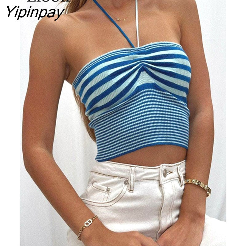Yipinpay Women Knitted Striped Halter Camis Sexy Bodycon Short Tank Summer Sleeveless Drawstring Ruched Knit Basic Vest Crop Tops