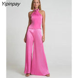 Yipinpay Pleated Halter Backless Tops And Pants 2 Piece Set Women Fashion Solid Wide Leg Trousers Suits 2023 Spring Chic Tracksuits
