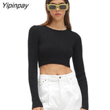 Yipinpay Sexy Knit Short T Shirt Ribbed Bodycon Tops For Women 2023 Autumn Long Sleeve Bacis Tees Streetwear Knitting Crop Tops