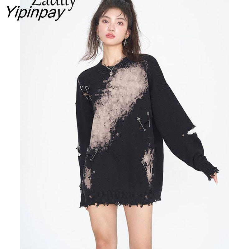 Yipinpay 2023 Winter Streetwear Frayed Tie Dye Sweater Women Long Sleeve Korean Style O Neck Loose Knit Pullovers Female Clothing