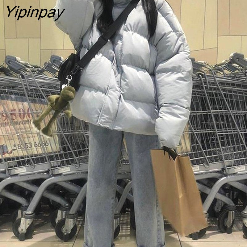 Yipinpay Women's Winter Jacket Oversize Down Coat Cardigan Cotton Zipper Loose Casual Vintage  Long Sleeve Tops Parka Streetwear Clothing