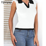 Yipinpay Patchwork Knitted Tops Women Skinny T Shirt Summer Sleeveless Turndown Collar Black White Basic Tees Sexy Knitting Tops