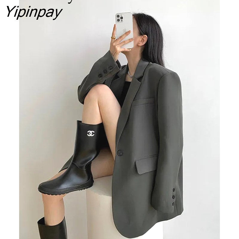 Yipinpay 2023 Autum Oversize Full Sleeve Gray Women Blazer Office Lady Solid Suit Blazers Work Winter Female Clothing Jackets Coat