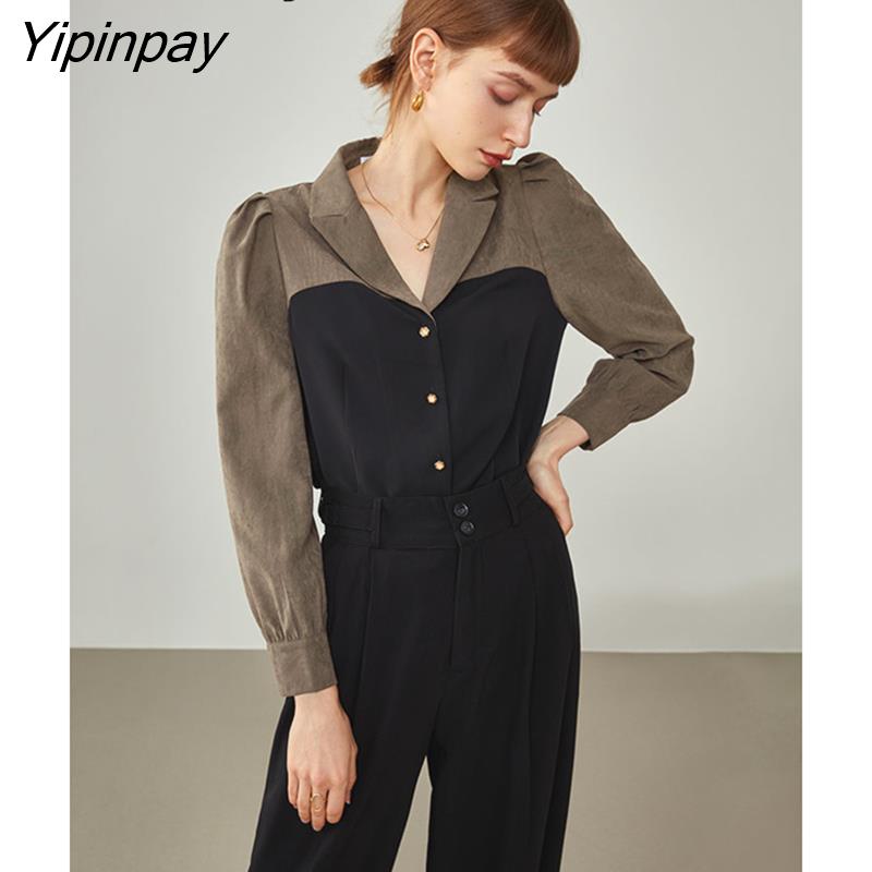 Yipinpay 2023 Spring Office Lady Long Sleeve Notched Neck Shirt Women France Style Patwork Button Black Shirts Work Blouse Clothes