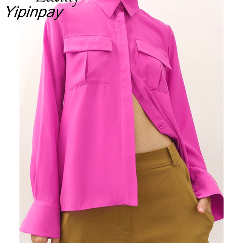 Yipinpay 2023 Spring Casual Long Sleeve Solid Women Basic Shirt Korea Style Pocket Button Woman Tunic Blouse Female Clothing Tops