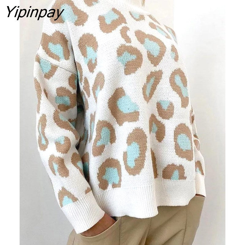 Yipinpay Women Print Warm Sweater Turtleneck Knitting Thick Pullovers Tops Female Jumpers Autumn Winter Streetwear Loose Knit Sweaters