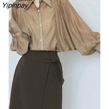 Yipinpay 2023 Autumn Office Lady Long Batwing Sleeve Shirt Women Button Up Folds Loose Blouse Tunic Work Female Clothing Tops