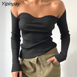 Yipinpay Sexy Off Shoulder Knit Corset Tops Women Ribbed T Shirt Long Sleeve Black White Basic Tees Tshirt Streetwear Bodycon Tops