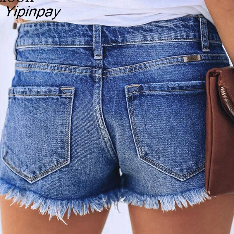 Yipinpay Cotton Ripped Button Up Stretch Jeans Shorts Women With Pockets Wash Distressed Low Waist Sexy Hole Skinny Denim Shorts