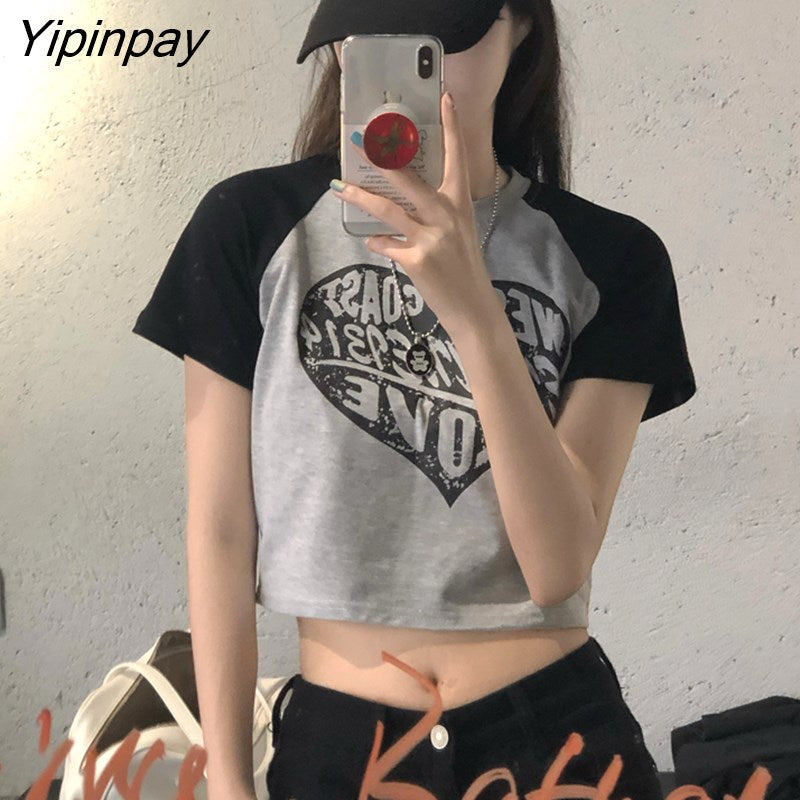 Yipinpay Women T-Shirt Y2k Crop Top Summer Sexy Short Sleeve Print Letter Cropped Aesthetic Grunge Harajuku Vintage Korean Gothic Clothes