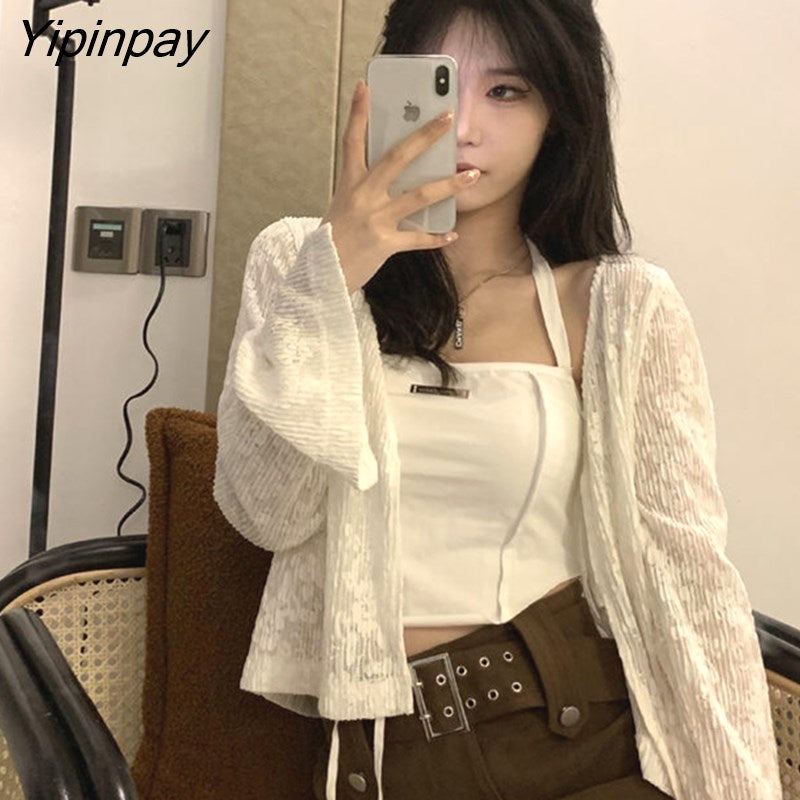 Yipinpay 2023 Summer Blouses Women Solid Shirt Sun-proof Daily Sweet Mesh Open Stitch Crop Tops Casual Soft Lace Design Clothing