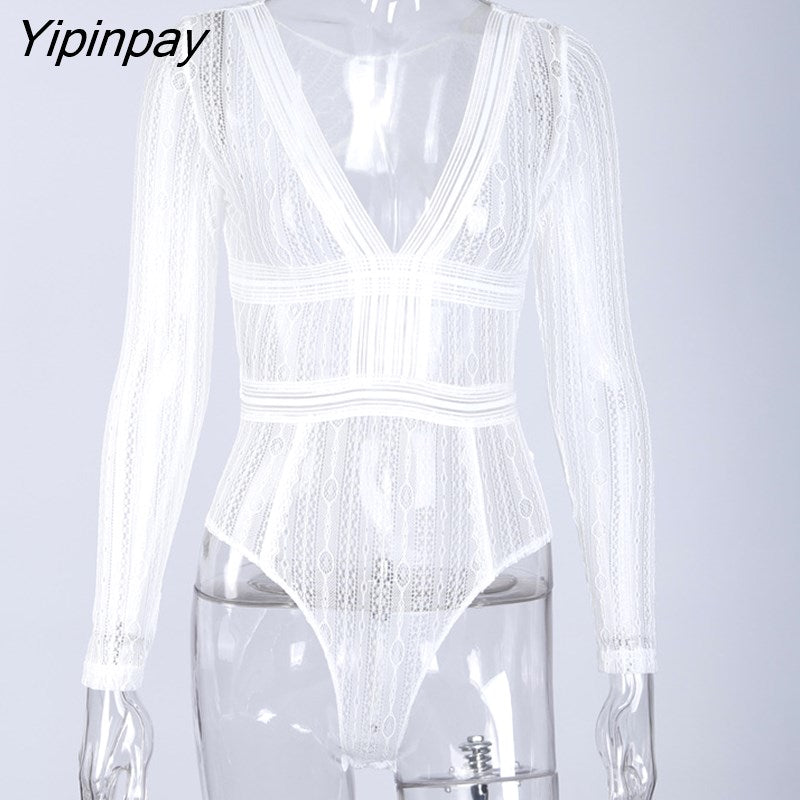 Yipinpay Sexy stripe Lace Skinny Women Bodysuits Sleeveless Backless Hollow Out Perspective 2023 Spring Fashion Female Jumpsuit 319-1