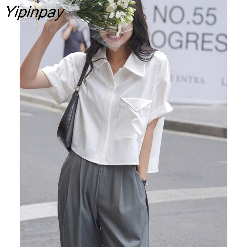 Yipinpay 2023 Summer Short Sleeve Pocket White Shirt Women Minimalist Style Button Up Crop Tops Blouse Casual Female Clothing