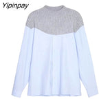 Yipinpay Winter Office Lady Long Sleeve Patchwork Knit Women Shirt Loose O Neck Work Blouse Tops 2023 New In Work Female Clothing