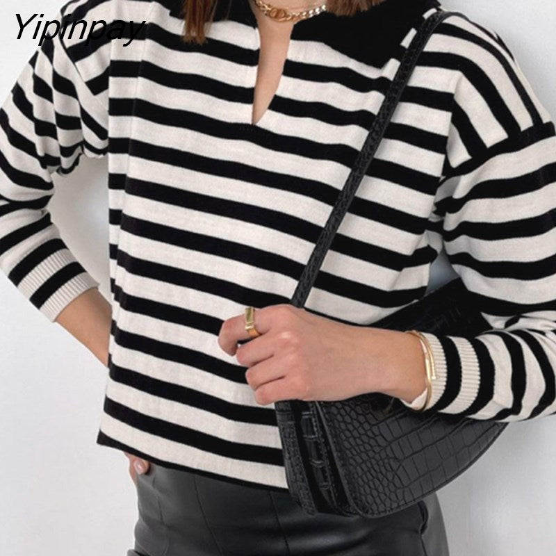 Yipinpay Striped Knit Sweater Women Pullover Tops Long Sleeve Turndown Collar Jumper Autumn Winter Streetwear Baggy Sweaters