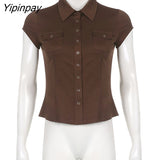 Yipinpay 2023 Summer Y2K Short Sleeve CowBoy Shirt Women Safari Style Button Up Pocket Slim Ladies Tops Female Clothing Blouse