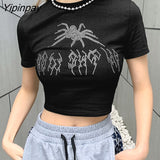 Yipinpay Vintage Rhinestone Spider Goth Graphic T Shirt Women Y2k Style Crop Top O-neck Tshirt Black Streetwear Short Sleeve T-shirt