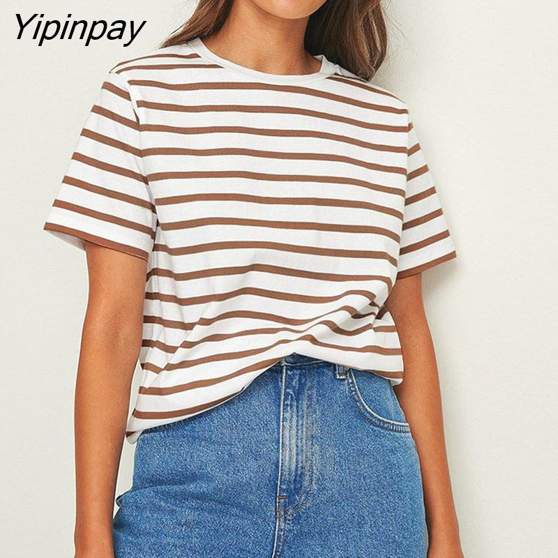 Yipinpay Summer Striped T Shirt Women Loose Top New 2023 Casual All Match Basic Tees O Neck Baggy Tshirt Streetwear Cotton Tops