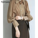 Yipinpay 2023 Autumn Office Lady Long Batwing Sleeve Shirt Women Button Up Folds Loose Blouse Tunic Work Female Clothing Tops