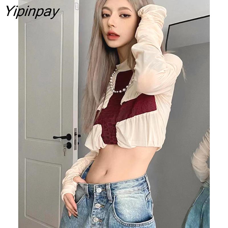 Yipinpay 2023 Summer Street Style Long Sleeve cross Appliques Women Short Blouse Sexy Ladies Chiffon Crop Top Club Female Clothing