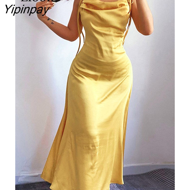 Yipinpay Yellow Satin Ruched Midi Dress Women High Waist 2023 Summer Spaghetti Strap Robe Backless Drawstring Party Sexy Dresses