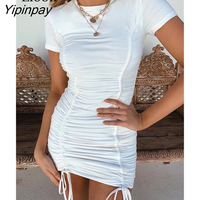 Yipinpay White Drawstring Ruched Mini Dress Women Bodycon Vestido Summer 2023 Streetwear Sexy Bandage Short Dresses Ropa Mujer Robe
