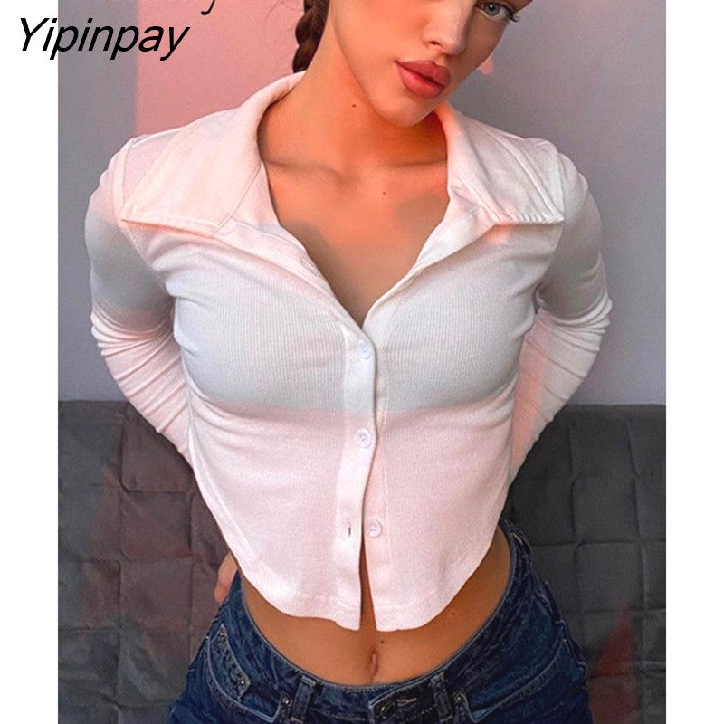 Yipinpay 2023 Summer New Long Sleeve White Shirt Women Slim Button Knit Ladies Crop Tops Sexy Party Female Blouse Clothing