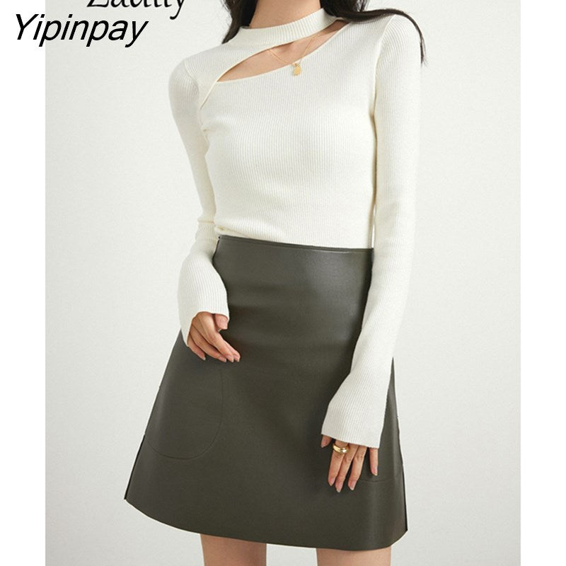 Yipinpay 2023 Winter New Bottoming Women Sweater Korea Style Slim Long Sleeve Hollow Out O Neck Strecth Ladies Knit Basic Pullover