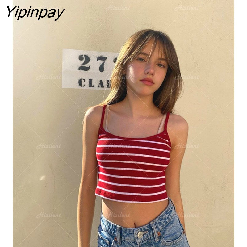 Yipinpay Sexy Vintage Strappy Y2K Halter Crop Top Women Stripe Summer 90s Backless Tops Tees Ladies Fashion Fitness Camisole Party 319-1