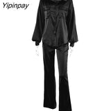 Yipinpay Women Solid Satin Pants Suit Female Loose Shirts Tops And Straight Pants Two Piece Sets 2023 Summer Office Lady Fashion Outfits