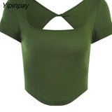 Yipinpay Sexy Knit T Shirt Women Backlees Short Top Short Sleeve Square Neck Basic Tees 2023 Summer Tshirt Green Bodycon Crop Tops