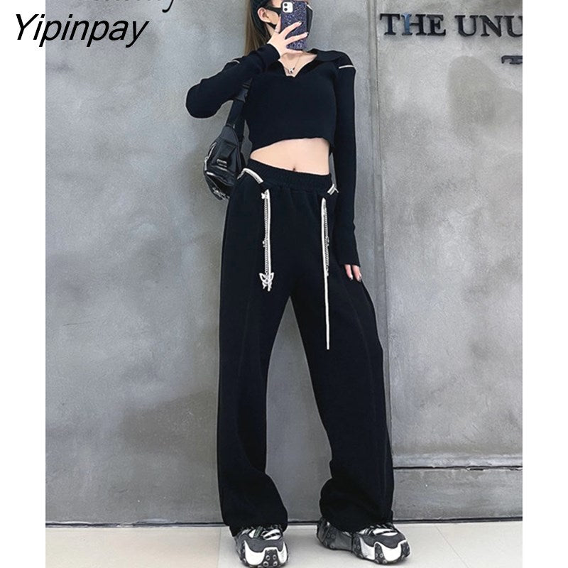 Yipinpay 2023 Autumn Wide Leg Bandage Women Full Pants Streetwear Chain Loose High Wasit Ladies Pants Female Black Trousers