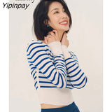 Yipinpay 2023 Winter Korean style Long Sleeve Slim Strip Sweater Women Patchwork Ladies Crop Tops Pullover Female Tops Clothing