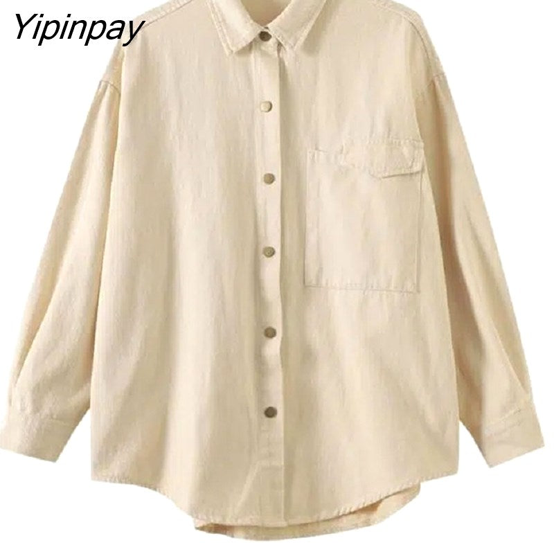 Yipinpay 2023 Autumn Casual Long Sleeve Cotton Shirt Women Korean Style Button Up Loose Tunic Blouse Work Female Clothing Tops