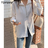 Yipinpay 2023 Autumn Street Style Long Sleeve White Chiffon Shirt Women Zipper Loose Ladies Blouse Casual Female Clothing Tops