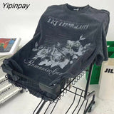 Yipinpay T-Shirts Oversized Korean Goth Grunge Harajuku Women Short Sleeve Fashion Tops Tee Graphic Streetwear Y2k Vintage Clothes