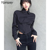 Yipinpay 2023 Autumn Y2K Sexy Long Sleeve Folds Women Shirt Street Gothic Button Ladies Crop Top Club Female Clothing Blouse Tops