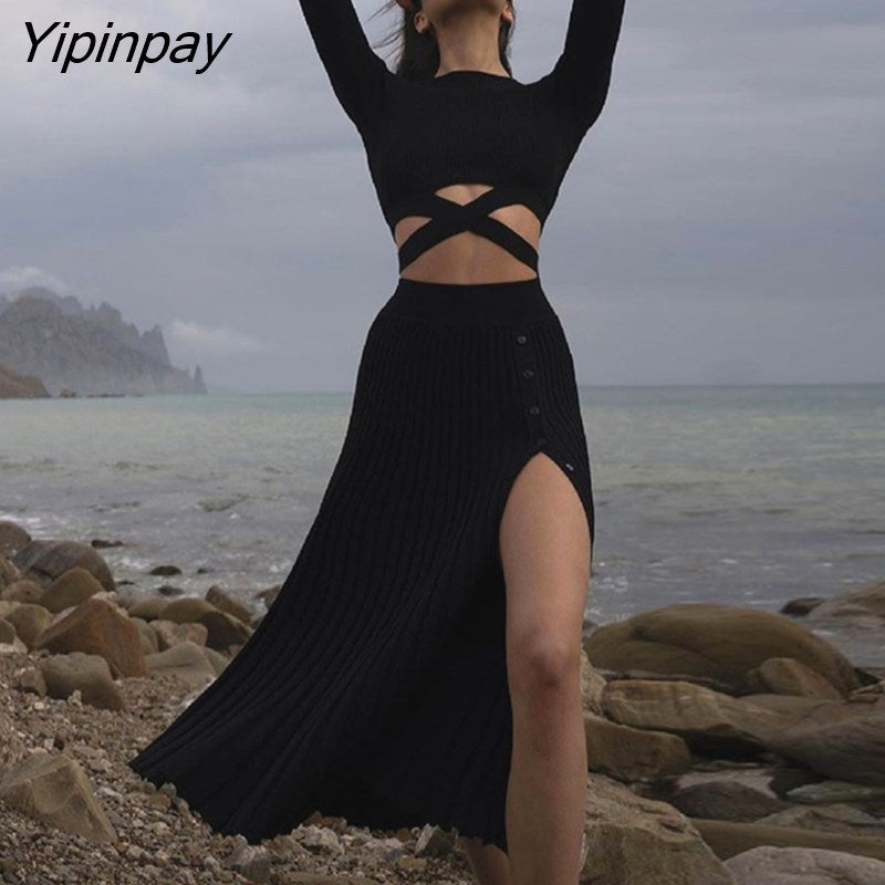 Yipinpay Knit Two Piece Bandage Skirt Set Women Sweater Crop Tops And Slit Pleated Skirts Drawstring Knitted Sweaters Outfits Sets