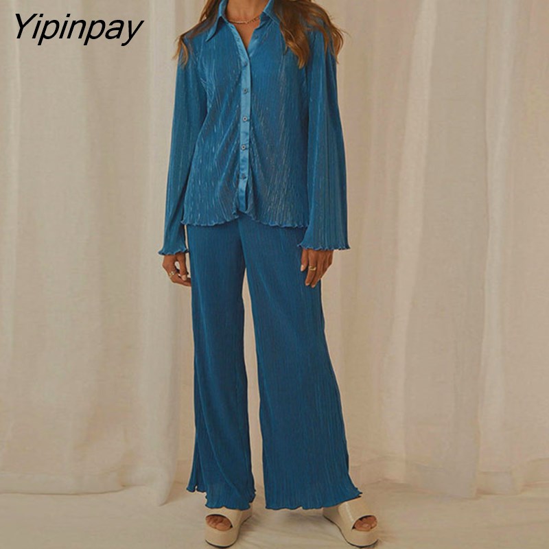 Yipinpay Pleated Printed Suit Women Long Sleeve V Neck Blouse And High Waist Pants Two Piece Sets Female Elegant Trousers Outfits