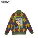 Yipinpay Harajuku Turtleneck Knit Female Pullover Argyle Oversize Warm Women's Sweater 2023 Winter Appliques Loose Thick Sweater