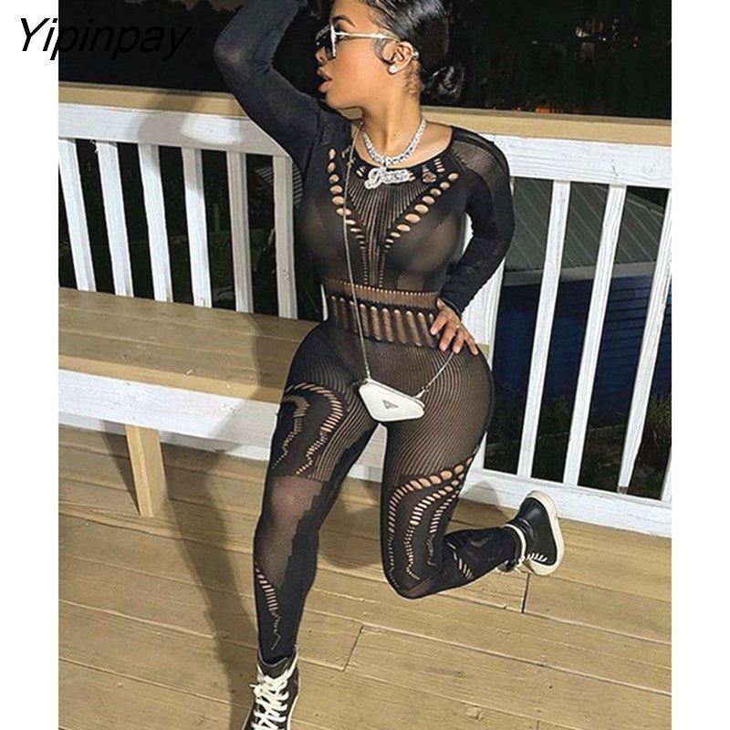 Yipinpay Mesh Sexy See Through Pencil Jumpsuit Sexy Hollow All In One Overall Monos Girl Midnight Party One Piece Hot Attirewear