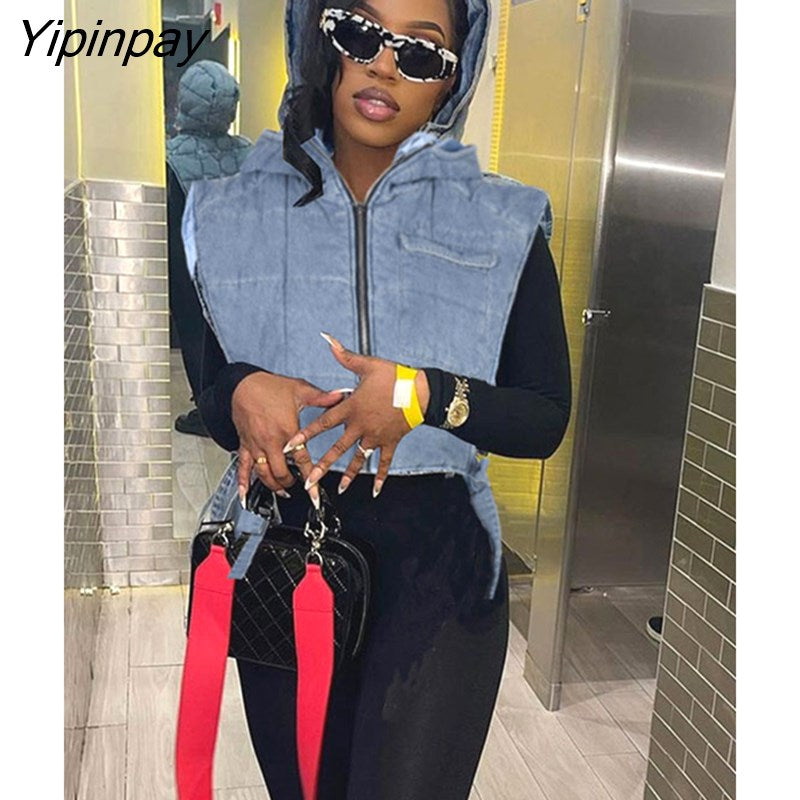 Yipinpay Women Sleeveless Jean Lace Up Vest Coat Female Zipper Fashion Designed Hoodies Streetwear Thickening Outwear Crop Top