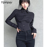 Yipinpay 2023 Autumn Y2K Sexy Long Sleeve Folds Women Shirt Street Gothic Button Ladies Crop Top Club Female Clothing Blouse Tops