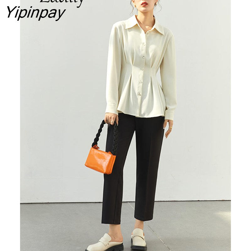Yipinpay 2023 Spring Elegant Long Sleeve Women Shirt Korea Style Office Lady Belt Button Up Woman Blouse Work Female Top Clothing