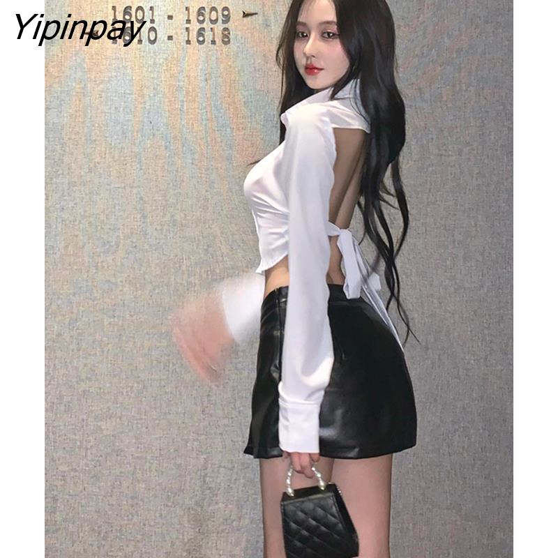 Yipinpay 2023 Spring Sexy Long Sleeve Women White Short Shirt Korea Style Backless Button Up Ladies Crop Top Club Female Clothing
