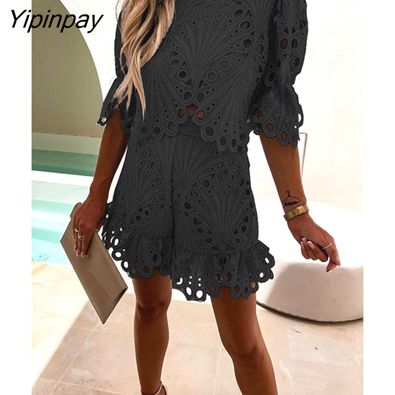 Yipinpay Women Sexy Slim Lace Hollow Out Crop Top And Ruffles Shorts Two Piece Set Female Solid Short Sleeve Shirts Tops And Shorts Set