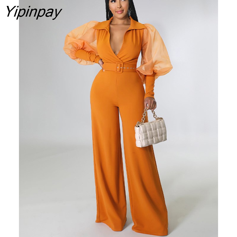 Yipinpay Solid V Neck Mesh Belt One Piece Wide Leg Pants Woman Long Sleeve Elegant Jumpsuit Playsuit Overalls Fall One Piece Outfit