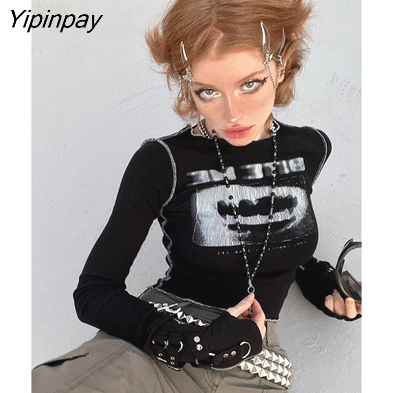 Yipinpay Women T-Shirt Y2k Black Rib Crop Top Long Sleeve Slim Skull Grunge Tees Korean Fashion Gothic Graphic Streetwear Vintage Clothes