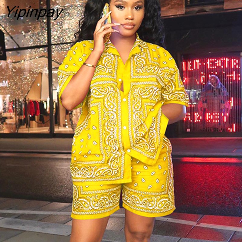 Yipinpay Print Tracksuit Women Short Sleeve Shirt And Shorts Two Piece Sets Female Fashion Outfits 2023 Single Breasted Top Suits