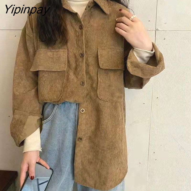 Yipinpay 2023 Winter Minimalist Long Sleeve Corduroy Shirt Women Korean Style Button Up Ladies Blouse Coat Female Clothing Tops